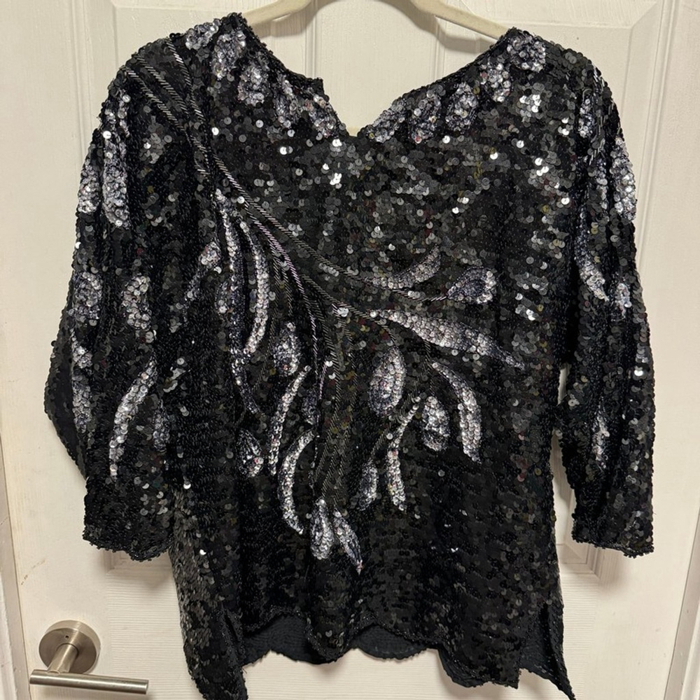 Vintage Black Sequin Top with Silver Leaf Design - Picture 4 of 5